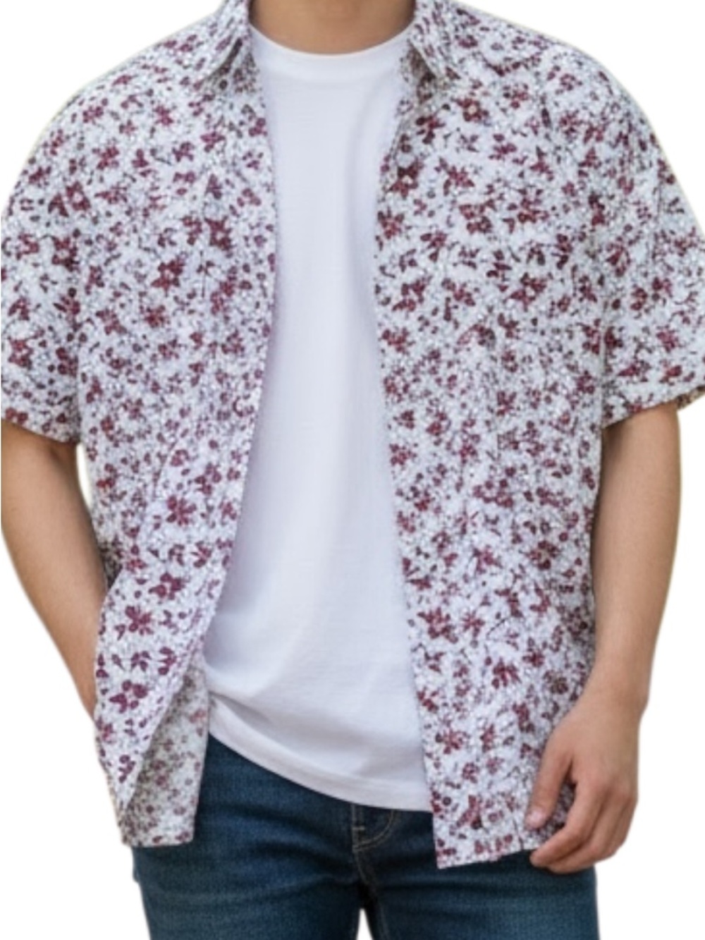 John Varvatos White Shirt with Burgundy Floral Print -NWT